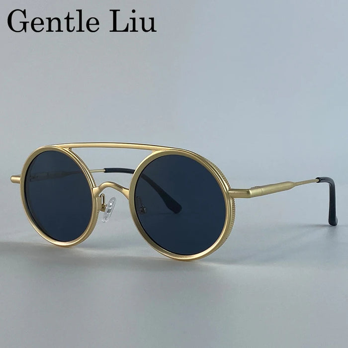 Steampunk Round Double Beam Sunglasses Men 2026 Luxury Brand Trendy Punk Metal Frame Sun Glasses For Male Driving UV400 Eyewear