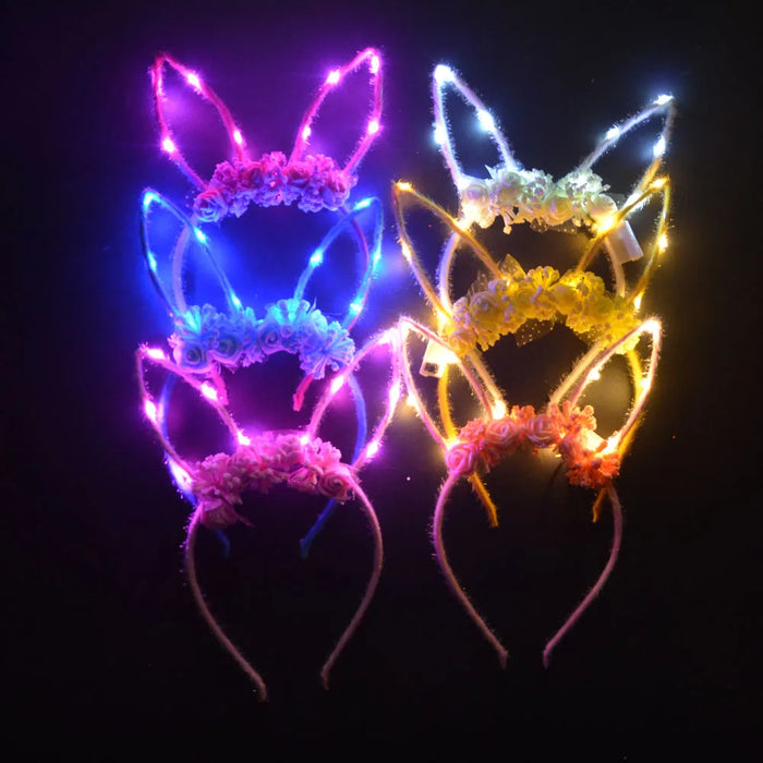 10pcs Adult Kids LED Glow Party Sequin Cat Bunny Crown Flower Headband Halo Light Up Wreath Hairband Birthday Gift Wedding