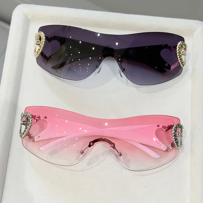 2 gafas Y2K integradas sin montura, diseño de doble corazón, versátiles para fotografía callejera diaria/viajes de mujer