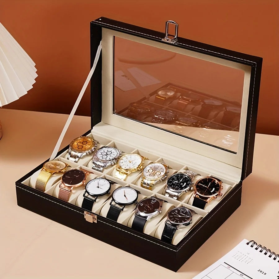 Estuche expositor de relojes de cuero sintético con 12 ranuras, organizador de relojes de 1 pieza con cerradura y almohadas extraíbles para hombres, regalo de viaje