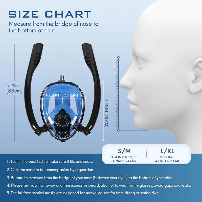 Adults Full Face Snorkel Mask Double Breathing Tube 180° Wide-Eye Panoramic Vision Advanced Anti-Fog Swim Leak-Proof Adventures