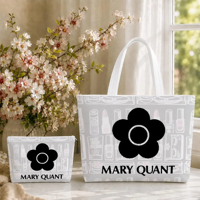 Fashion M-Mary Quant Storage Bags 2-Piece Canvas Tote Bag Set with Zipper Pouch Large Capacity Shopping Travel Bag