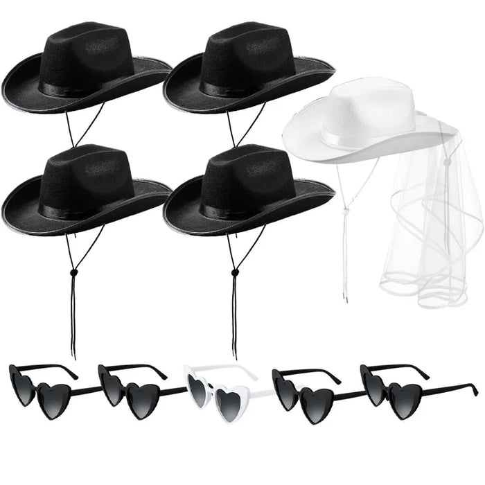 Lot de 5-12 Chapeaux de cow-girl/cowboy pour enterrement de vie de jeune fille, mariage, avec bandana en strass et lunettes en forme de cœur pour une dernière soirée disco