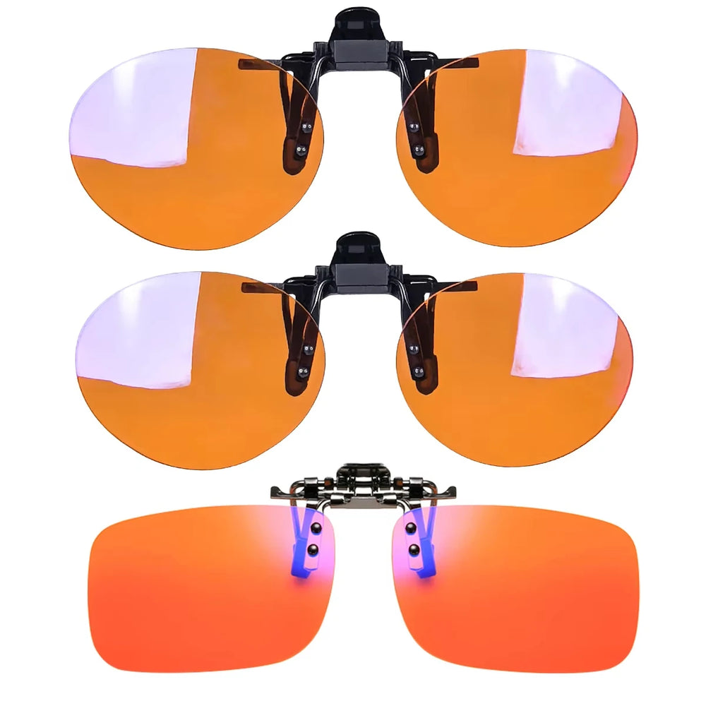 Antilentes de luz azul con clip Lentes rojos con clip para dormir mejor Lente naranja con clip para jugar o trabajar Lente amarilla polarizada para conducir