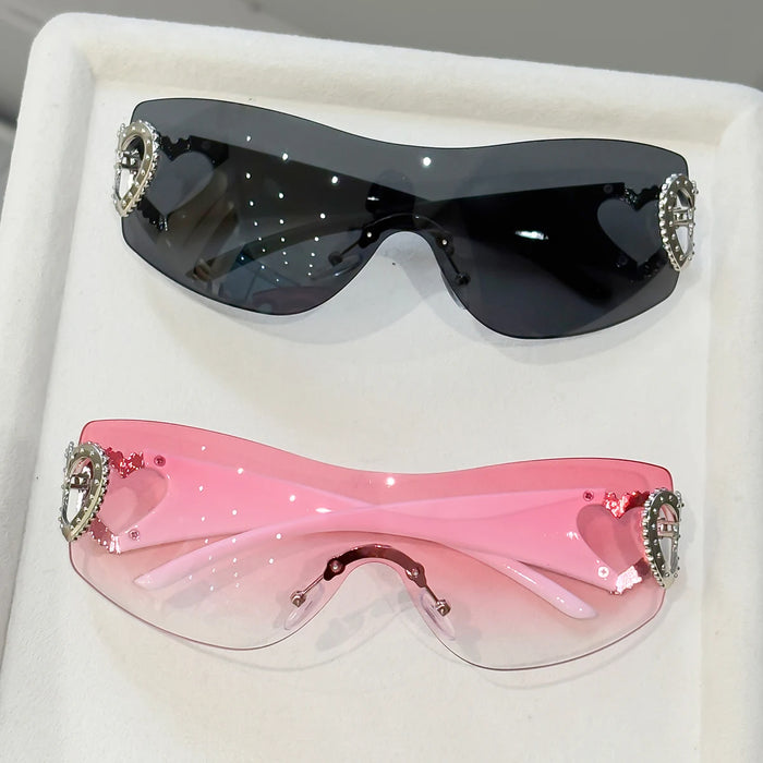 2 gafas Y2K integradas sin montura, diseño de doble corazón, versátiles para fotografía callejera diaria/viajes de mujer