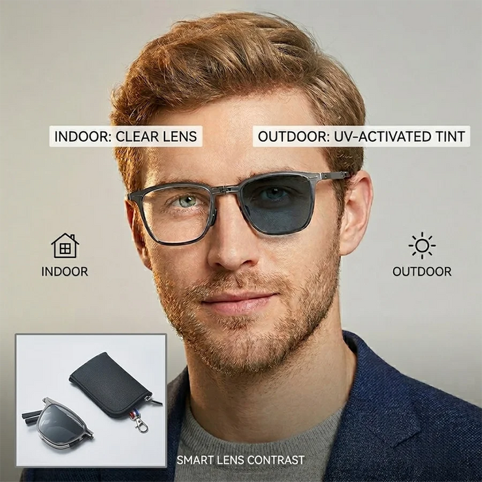 Gafas de sol fotocromáticas polarizadas para hombre, ligeras, plegables, con funda, montura cuadrada clásica de metal con bisagras para conducir y pescar