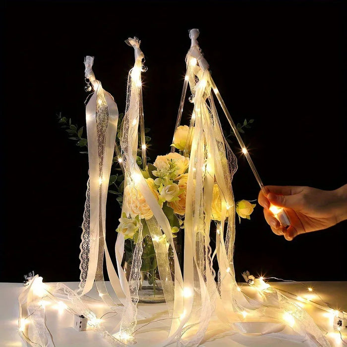 20-200Pcs Light Up Wedding Sparklers Wedding Wands Ribbon Streamers LED Silk Fairy Wands with Bells for Birthday Concert Raves