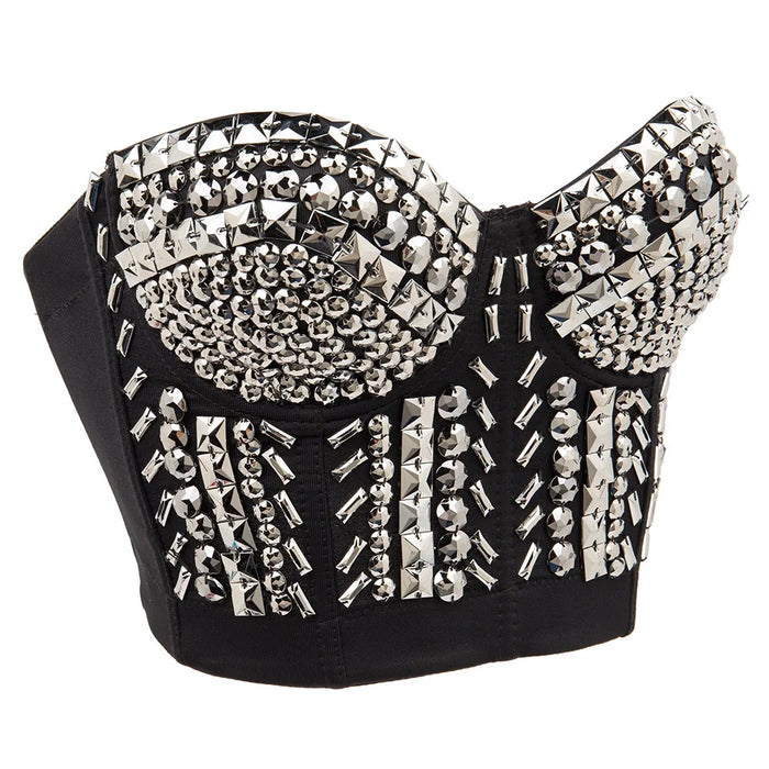 Soutien-gorge sexy de luxe avec perles grises pour femme, haut de punk rock, bralette y2k, push-up, sous-vêtement, club de danse, soutien-gorge avec bretelles