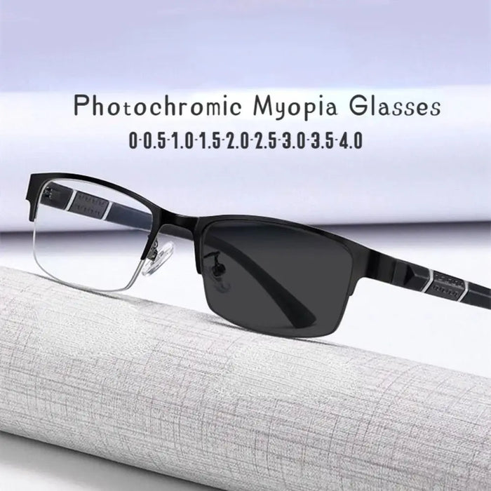 1PC Men's Business Photochromic Myopia Glasses Half Frame Metal Blue Light Blocking Eyewear Classic UV Shades Sunglasses