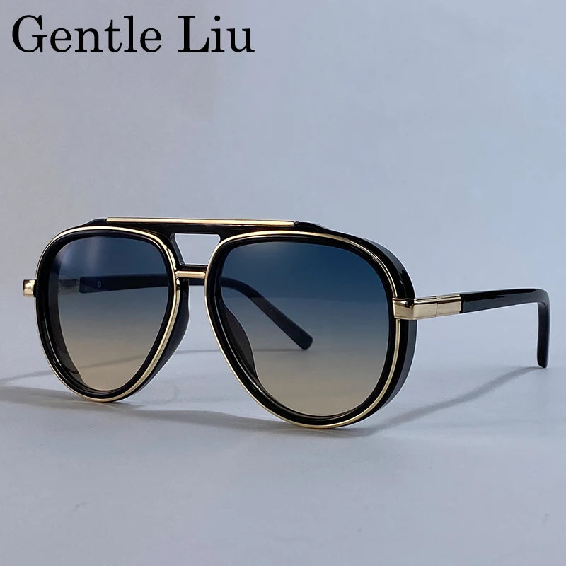 Gafas de sol polarizadas ovaladas piloto estilo Steampunk de gran tamaño para hombre, marca de lujo 2026, con doble puente, gafas de sol para hombre, lentes clásicas