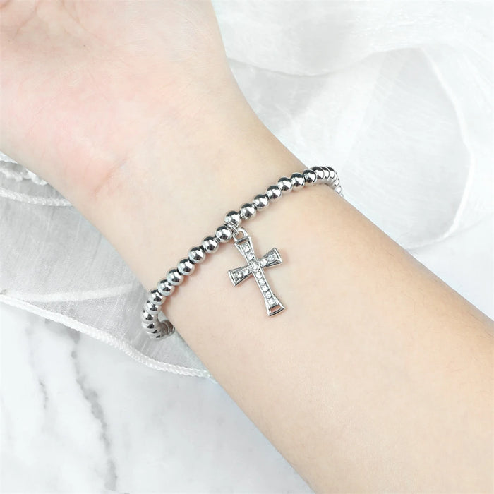 5mm Copper Beaded Bracelets With Alloy Cross Pendant Bangles Fashion Women Elastic Rope Wristbands Men Energy Yoga Jewelry Gifts