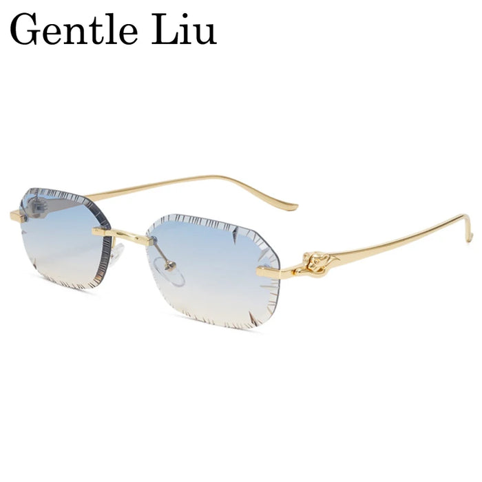 Petites lunettes de soleil rectangulaires punk sans monture homme 2026, monture léopard de luxe sans bords, verres découpés, style rétro, monture métal doré