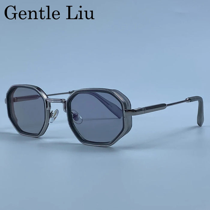 Lunettes de soleil polygonales carrées Steampunk Homme 2026, marque de luxe, monture métallique géométrique vintage, verres dégradés photochromiques