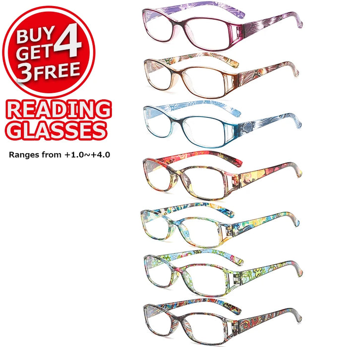 7 Pairs of Retro Colored Flower Anti Blue Light Reading Glasses, Home and Outdoor Multi Scene Elderly Glasses