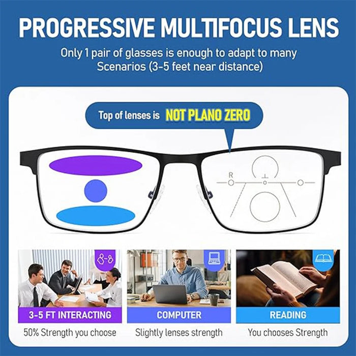 Multifocus Progressive Reading Glasses Men Blue Light Multifocal Computer Readers No-Line Trifocal Near Range