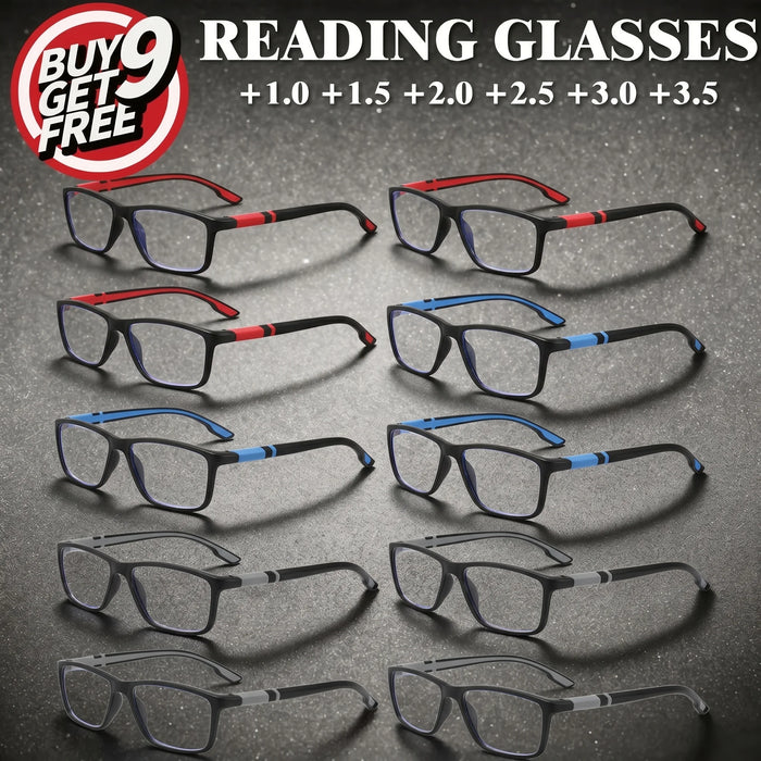 10 pares de gafas de lectura deportivas cuadradas, con filtro de luz azul y patillas antideslizantes, set de gafas de lectura para uso diario en la oficina