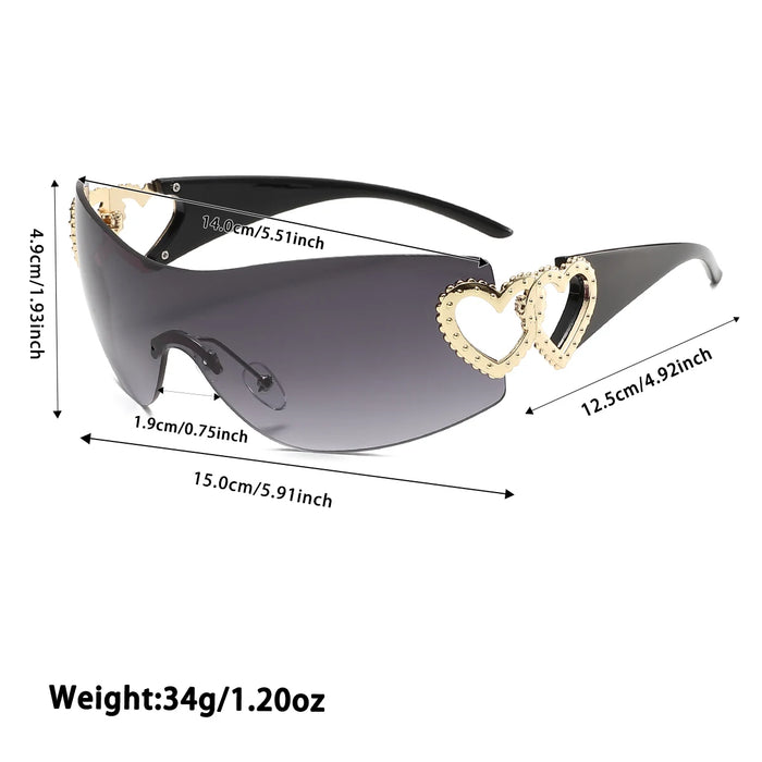 2 gafas Y2K integradas sin montura, diseño de doble corazón, versátiles para fotografía callejera diaria/viajes de mujer