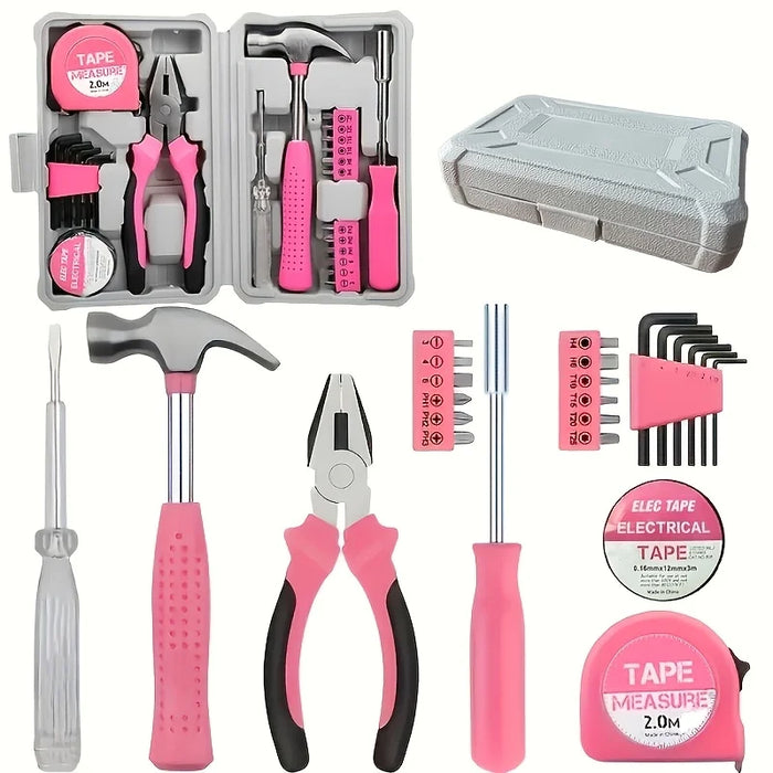 24pcs Pink Home Tool Kit Set Portable Compact Case Basic Hand Tools for Women DIY Household Repair Ideal Complete Gift