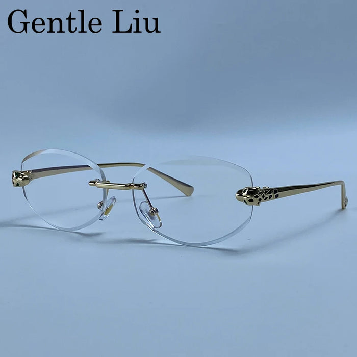 Rimless Leopard Head Sunglasses Men Luxury Designer Vintage Small Oval Sun Glasses Male Metal Frame Eyewear Retro Driving Shades