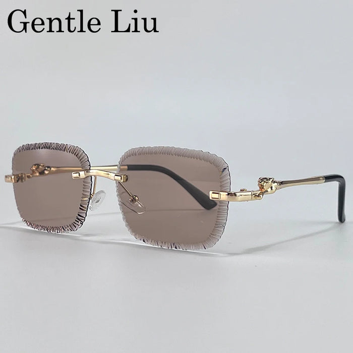 Rimless Square Sunglasses Men 2026 Luxury Brand Cut Edge Eyewear Trendy Leopard Head Sunglass For Male Punk Metal Frame Shades