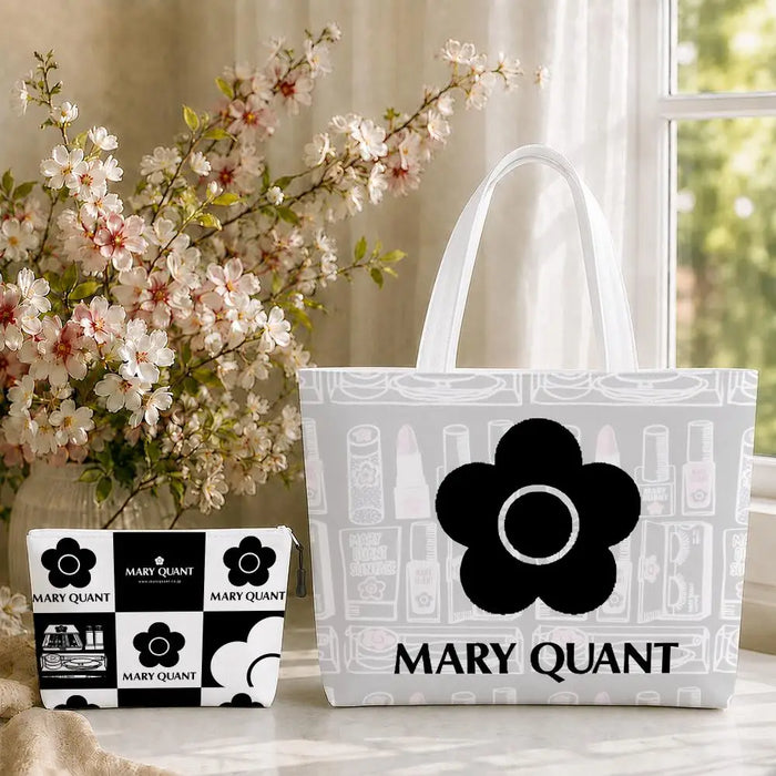 Fashion M-Mary Quant Storage Bags 2-Piece Canvas Tote Bag Set with Zipper Pouch Large Capacity Shopping Travel Bag