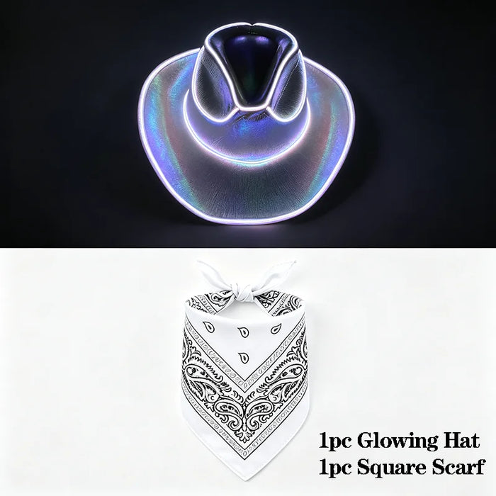 Juego de sombrero de vaquero que brilla con alambre EL, pañuelo cuadrado, luz de neón, sombrero para mujeres y hombres, fiesta de Halloween, disfraz de cosplay