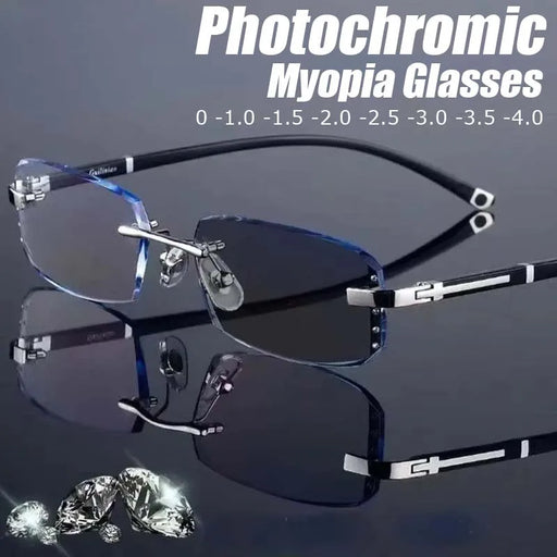 Business Photochromic Myopia Glasses for Men Diamond Cut Rimless UV400 Luxury Eyeglasses Color Changing Diopters -1.0 To -4.0