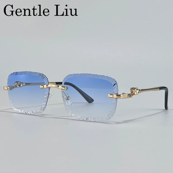 Rimless Square Sunglasses Men 2026 Luxury Brand Cut Edge Eyewear Trendy Leopard Head Sunglass For Male Punk Metal Frame Shades