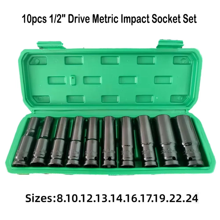 Juego de 10 llaves de vaso de impacto métricas de alta resistencia de 1/2 pulgada, vasos de llave profunda universales para herramientas manuales de reparación neumática