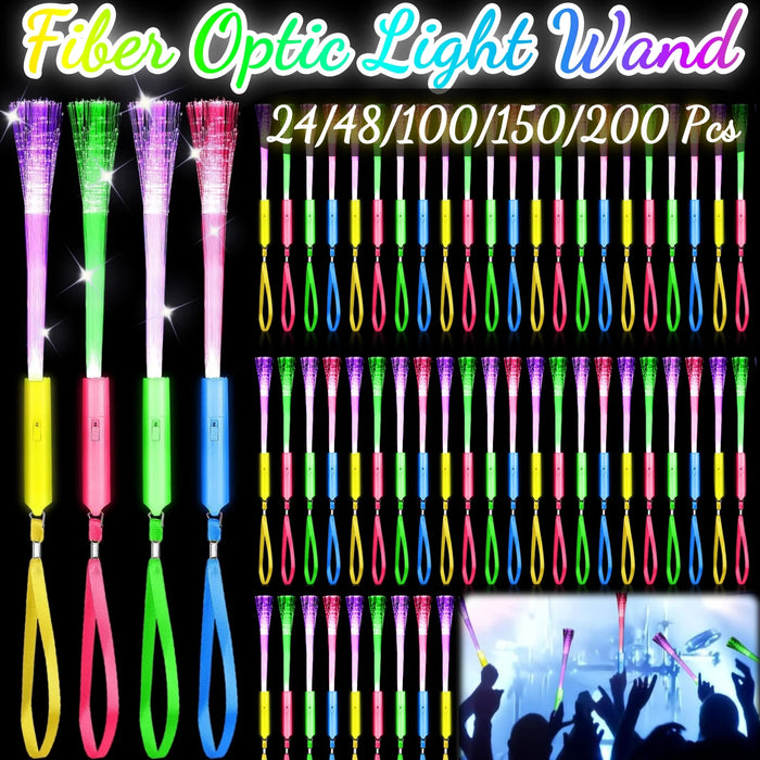 24-200Pcs Fiber Optic Wands Glow LED Light up Wand Bulk Flashing Sticks with Included Batteries for Party Favor Wedding Birthday