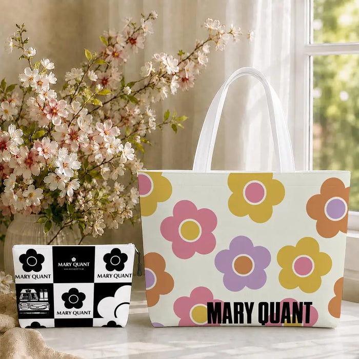 Fashion M-Mary Quant Storage Bags 2-Piece Canvas Tote Bag Set with Zipper Pouch Large Capacity Shopping Travel Bag
