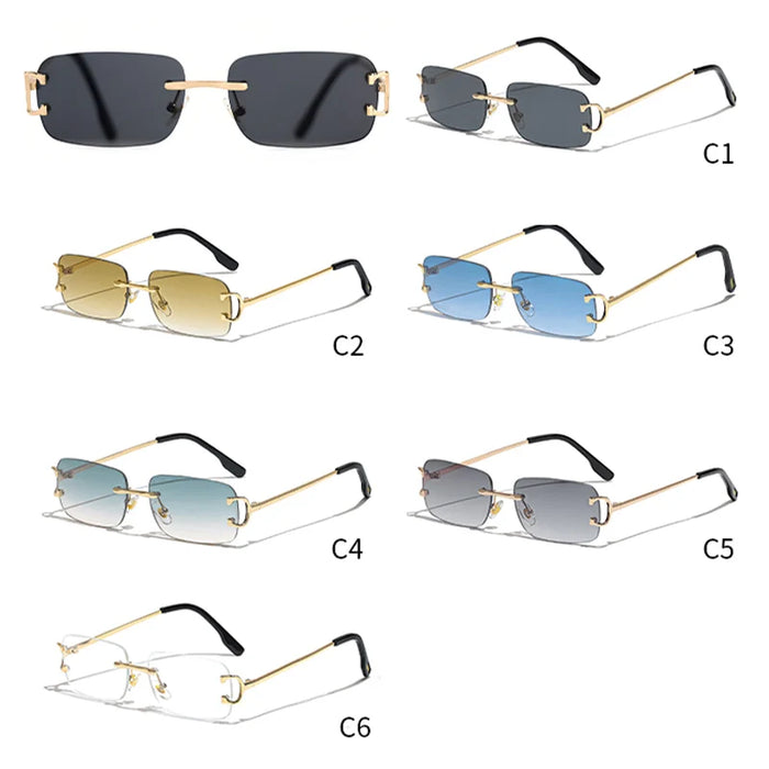 HBK Retro Rimless Small Sunglasses Women Metal Rectangle Gold Frame Brand Design Men Eyewear Driving Travel Beach Eyewear UV400