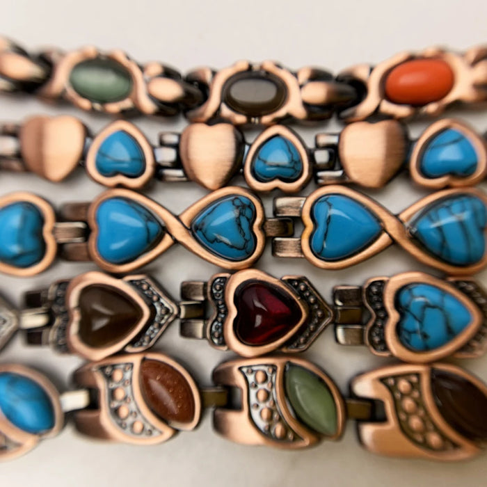 Vinterly Pure Copper Bracelet Magnetic Therapy 22cm Vintage Artificial Turquoise Benefits Chain Link Jewelry Blue Stones Magnets