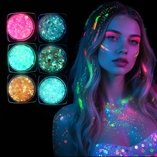Lot de 6 gels pailletés phosphorescents à base d'eau pour Mardi gras, Noël, carnaval, rave, tenues de festival