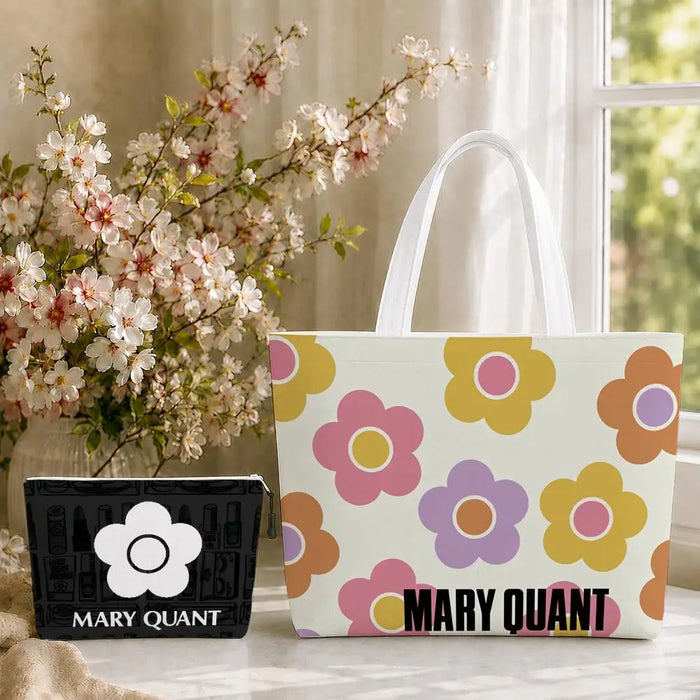 Fashion M-Mary Quant Storage Bags 2-Piece Canvas Tote Bag Set with Zipper Pouch Large Capacity Shopping Travel Bag