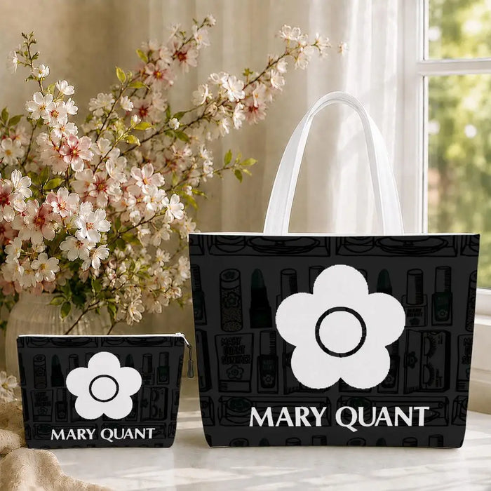 Fashion M-Mary Quant Storage Bags 2-Piece Canvas Tote Bag Set with Zipper Pouch Large Capacity Shopping Travel Bag