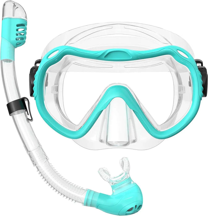Dry Top Anti-Leak Snorkel Set, Adult Anti-Fog Tempered Glass Mask SoftSiliconeSnorkelTubeforOceanSnorkelingSwimmingBeachVacation