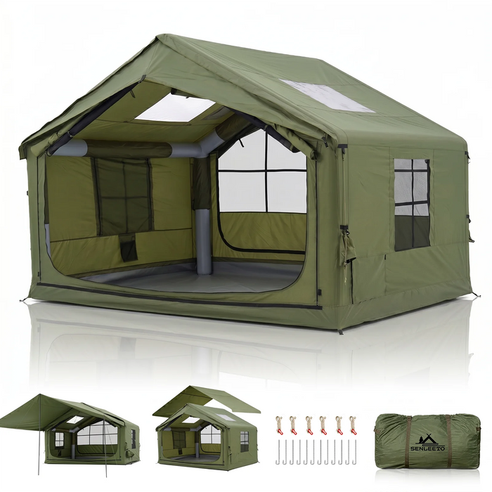 12'x10'Inflatable Camping Tent with Rainfly/Canopy for 4-6 Person,4 Season Blow up Tent with Pump Waterproof Easy Setup Air Tent