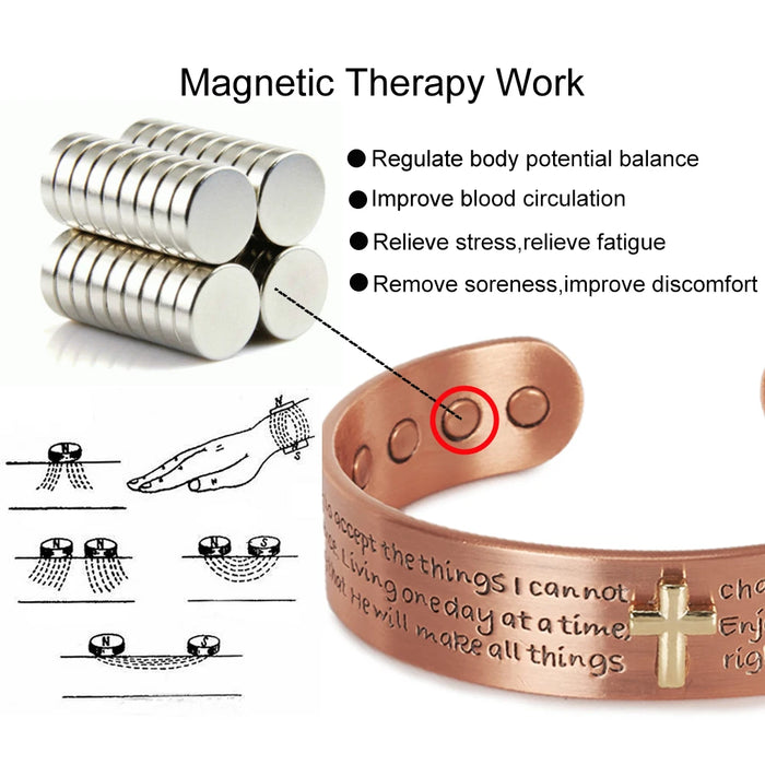 Pure Copper Bracelets for Men Cross Bible Adjustable Cuff Magnetic Bangles 15mm Arthritis Health High Magnet Jewelry Resizable