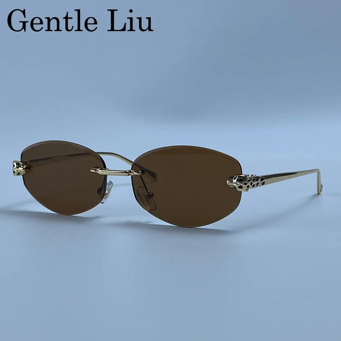 Rimless Leopard Head Sunglasses Men Luxury Designer Vintage Small Oval Sun Glasses Male Metal Frame Eyewear Retro Driving Shades