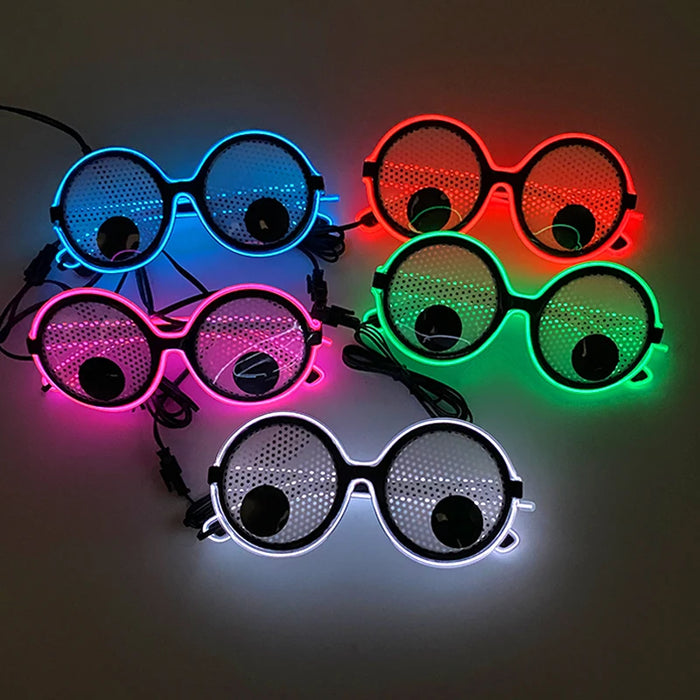 Gafas de neón con ojos móviles LED, musicales, rave, fluorescentes, para fiesta de Navidad, decoración, con montura redonda, divertidas, estilo dibujos animados.