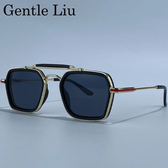 Steampunk Square Sunglasses Men 2026 Luxury Brand Polygon Metal Double Beam Sun Glasses For Male Driving Eyewear UV400 Shades