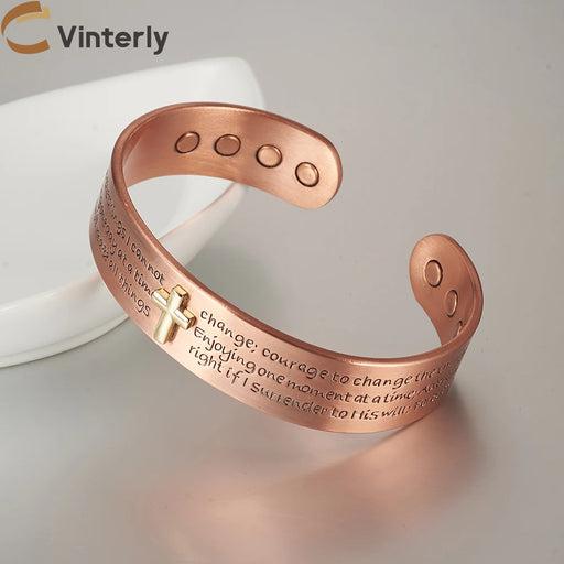 Pulseras de cobre puro para hombre, cruz bíblica, ajustables, magnéticas, brazaletes de 15 mm, salud para la artritis, joyas de alto magnetismo, redimensionables