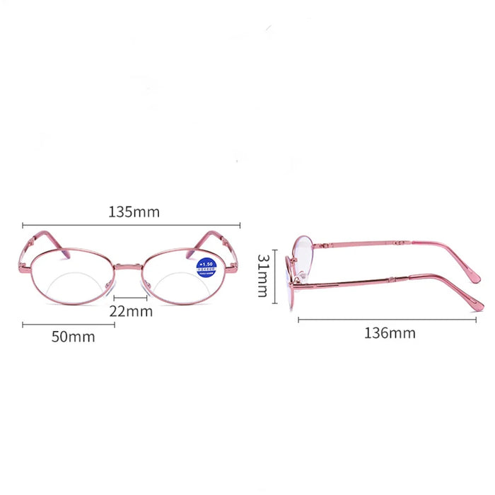 Women's bifocal reading glasses with anti-blue light, folding case, oval pink, for presbyopia.