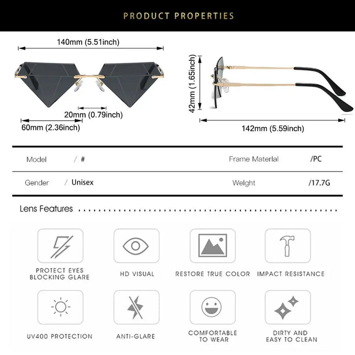 Triangle Diamond Shaped Sunglasses for Women Men Vintage Clear Ocean Gradient Glasses Rimless Polygon Sun Glasses
