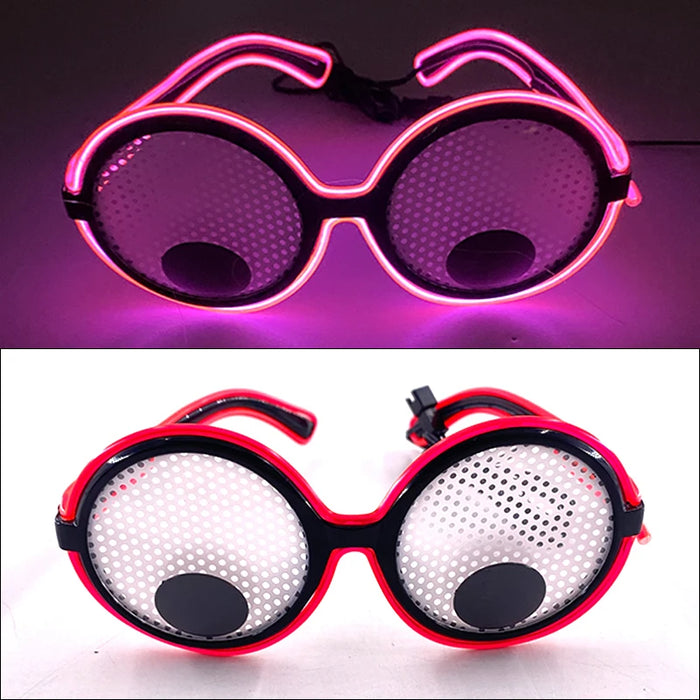 Gafas de neón con ojos móviles LED, musicales, rave, fluorescentes, para fiesta de Navidad, decoración, con montura redonda, divertidas, estilo dibujos animados.