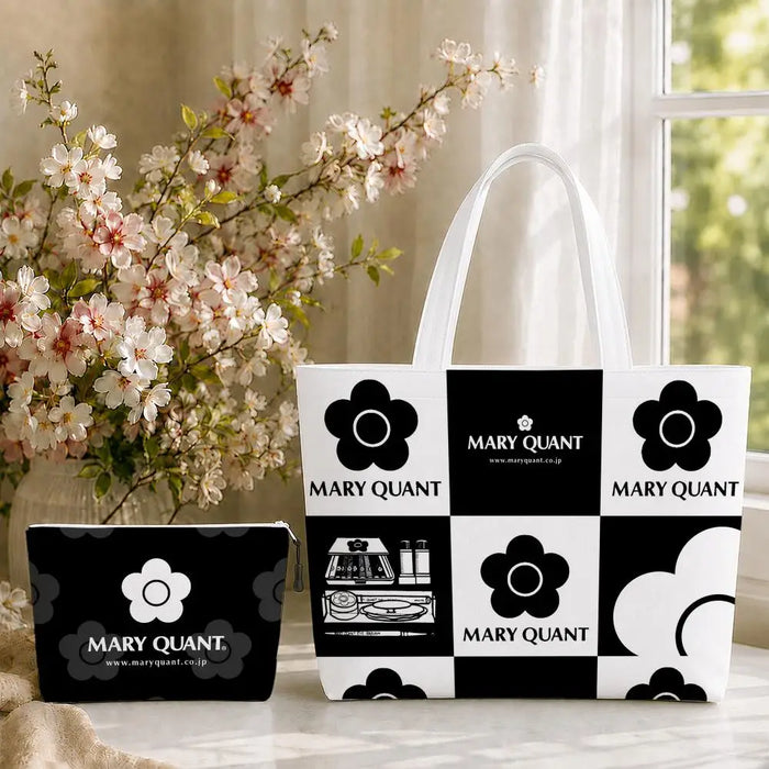 Fashion M-Mary Quant Storage Bags 2-Piece Canvas Tote Bag Set with Zipper Pouch Large Capacity Shopping Travel Bag