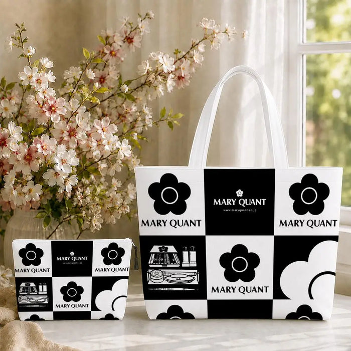 Fashion M-Mary Quant Storage Bags 2-Piece Canvas Tote Bag Set with Zipper Pouch Large Capacity Shopping Travel Bag