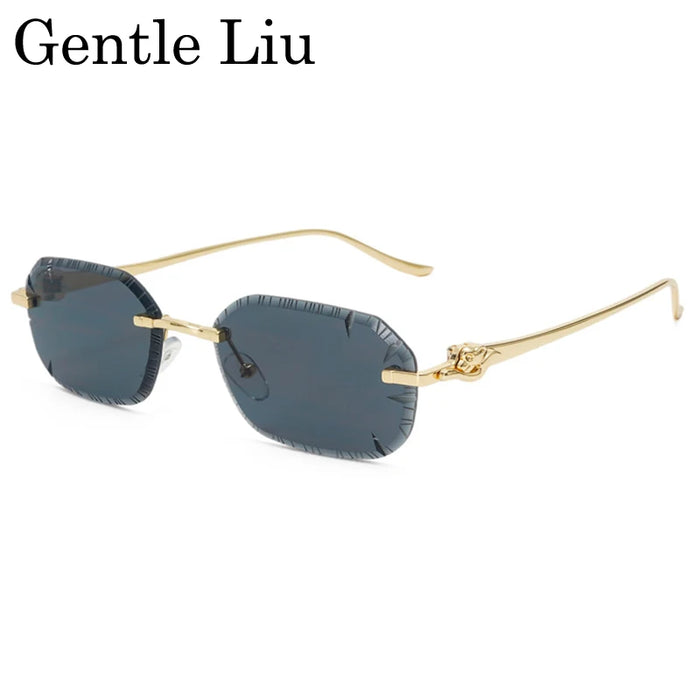 Petites lunettes de soleil rectangulaires punk sans monture homme 2026, monture léopard de luxe sans bords, verres découpés, style rétro, monture métal doré