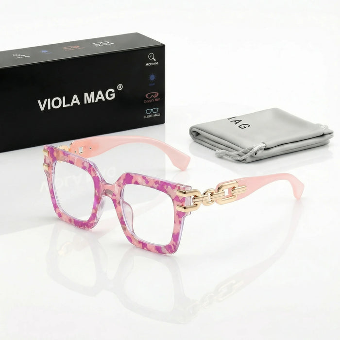 VIOLA MAG Grandes lunettes de lecture carrées avec chaîne, anti-lumière bleue, pour les trajets quotidiens et la photographie de rue, avec étui et